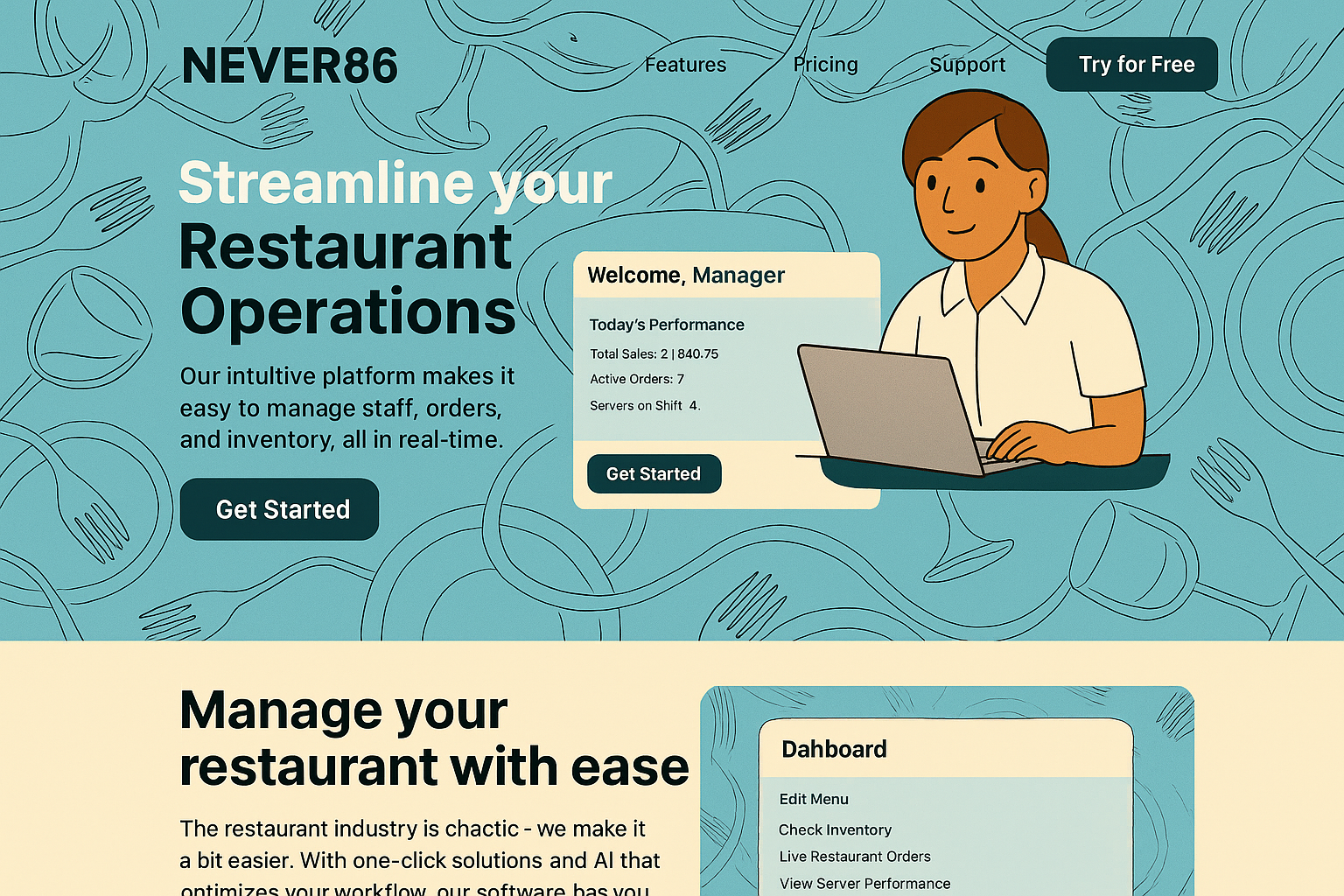 NEVER86 dashboard mockup